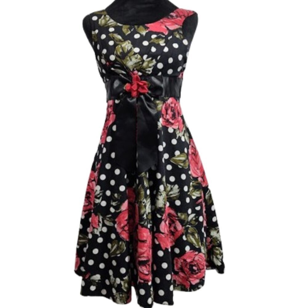 Bonnie Jean Junior Girls Size 12 Black & White Polka Dot Dress with Rose